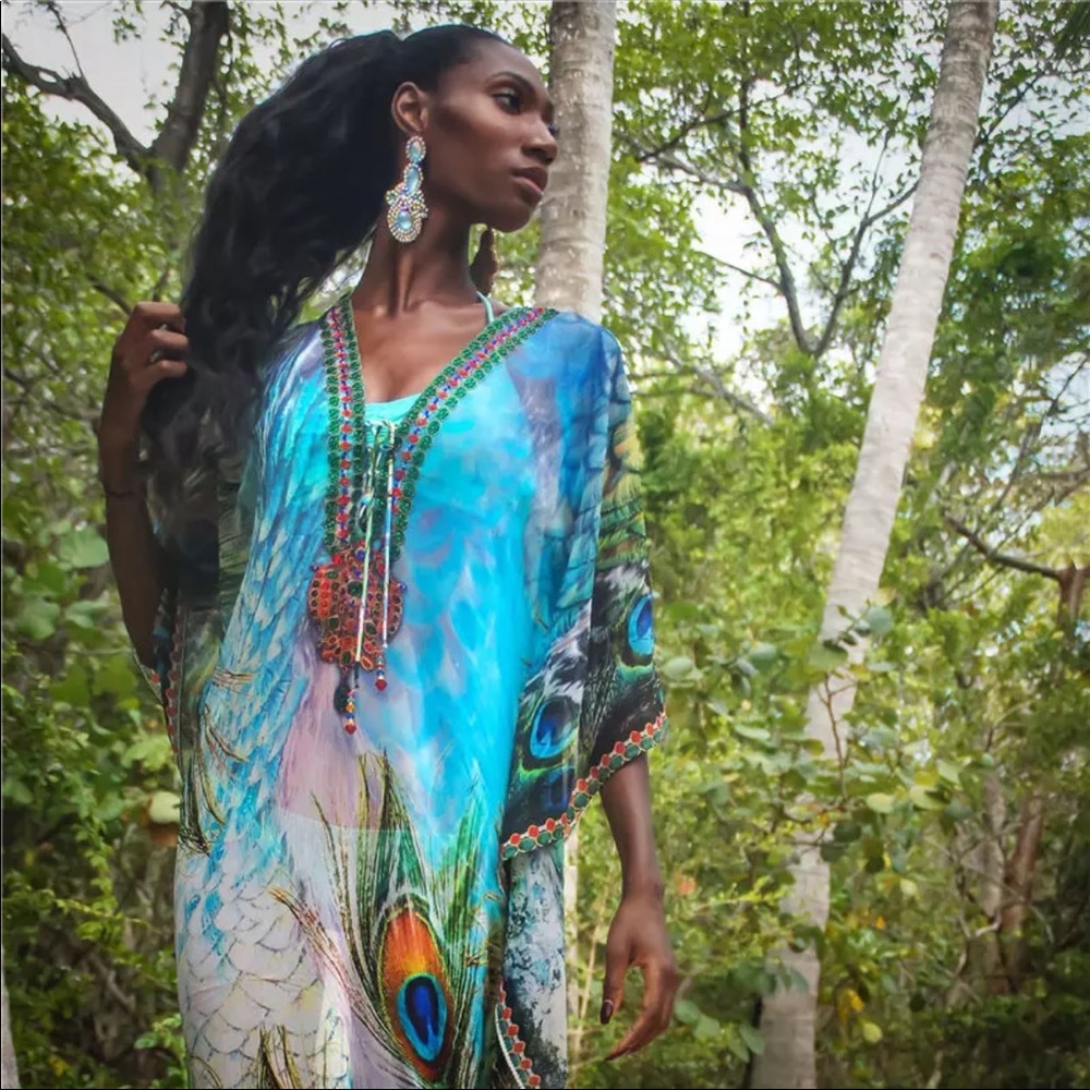 Peacock Feather Aqua Blue Green Kaftan Kimono - Picture 3 of 6